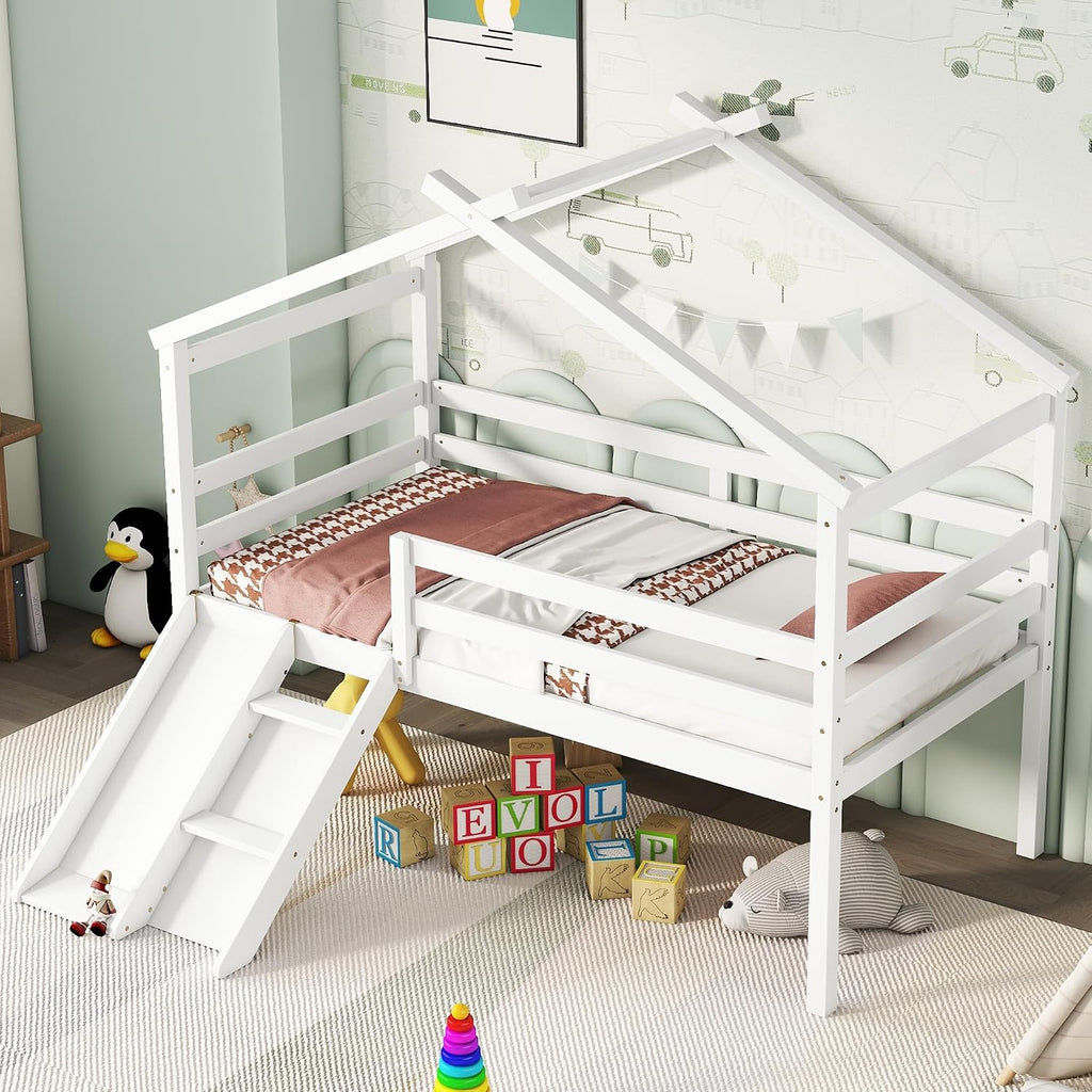 JIVOIT Twin Size Low Loft Bed with Slide and Ladder, House Loft Bed with Safety Guardrails, Capacious Space Under Bed, House Roof Frame for Kids Teens Girls Boys (White * 098)