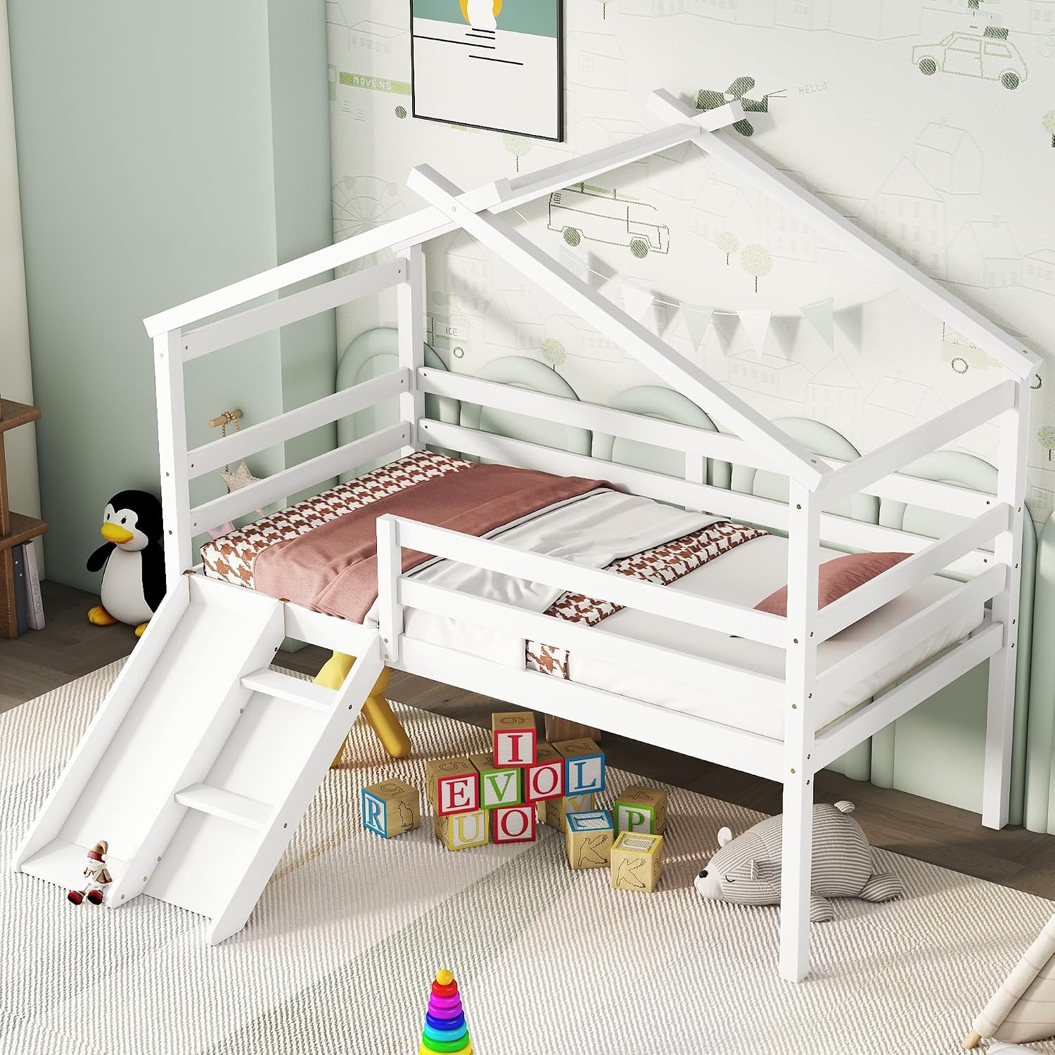 JIVOIT Twin Size Low Loft Bed with Slide and Ladder, House Loft Bed with Safety Guardrails, Capacious Space Under Bed, House Roof Frame for Kids Teens Girls Boys (White * 098)