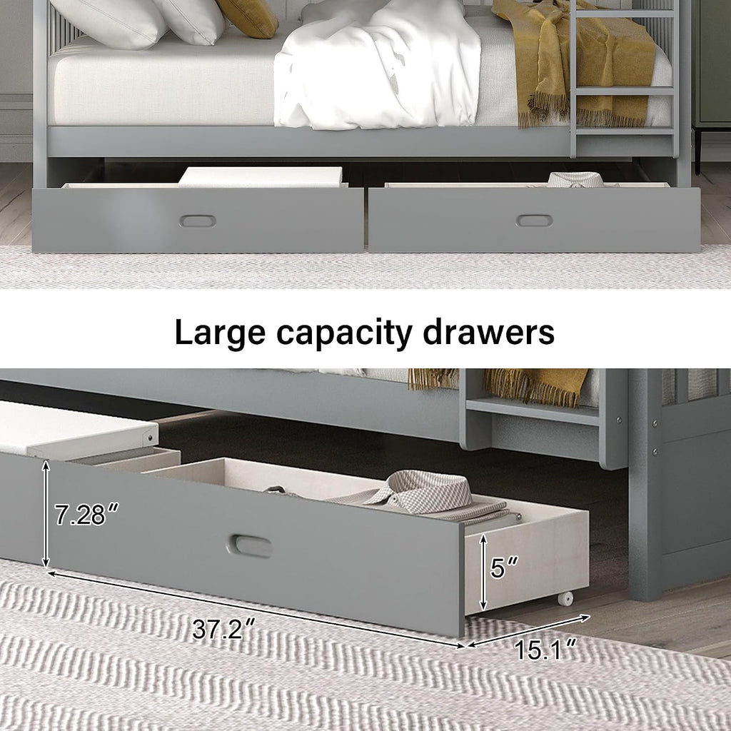 Merax Wood Bunk Bed with Drawers,Convertible Wood Bunk Bed with Ladders and Two Storage Drawers,Solid Wood Detachable Bed Frame with Ladders,Full Over Full,Grey