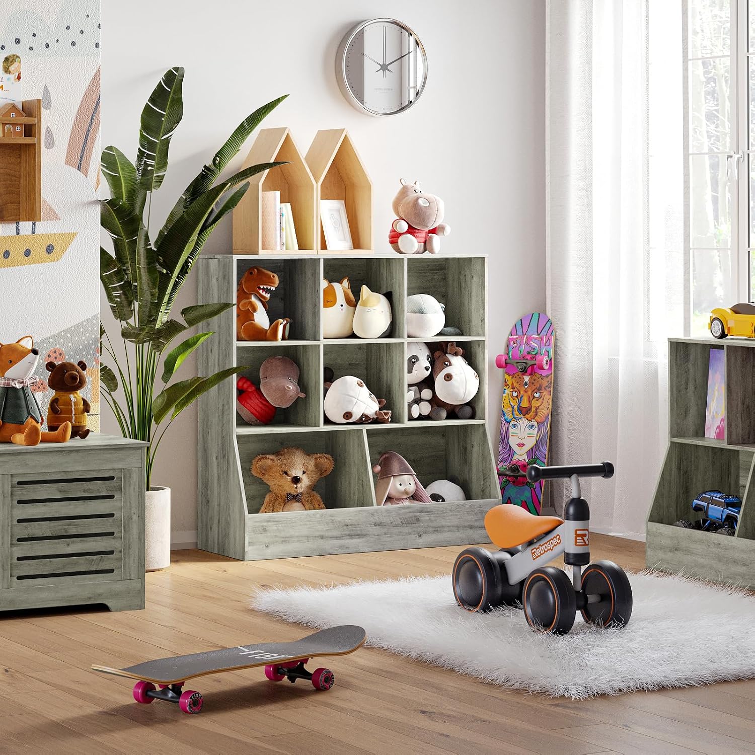 DINZI LVJ Toy Storage Organizer, Kids Bookshelf, Wood Toy Storage Cabinet, 3-Tier 8 Cubby Children Bookcase, 39.4' L Toddler Book Shelf for Playroom, Living Room, Nursery, Classroom, Gray Wash