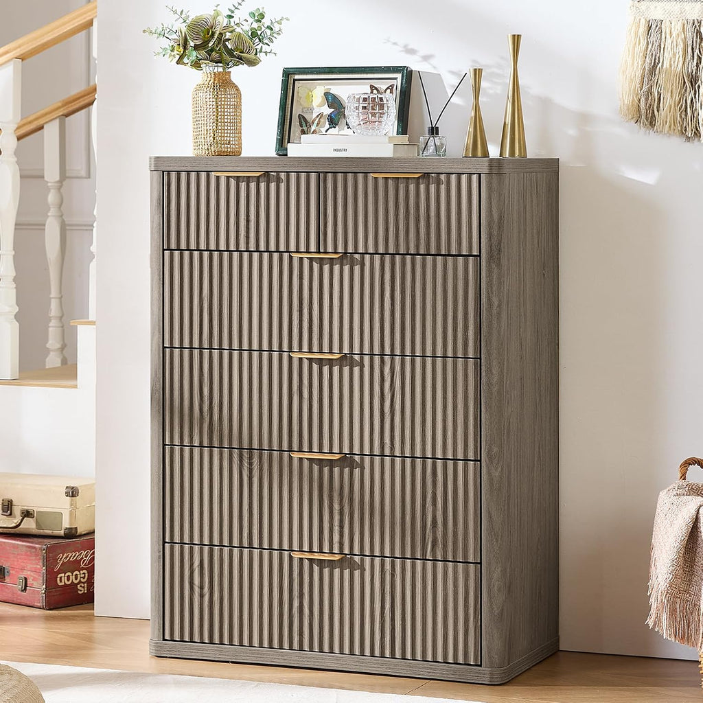 LEYAOYAO Fluted 6 Drawers Dresser for Bedroom Set of 2, 42' Tall Modern Chest of Drawers with Metal Handle, Curved Profile Design,Grey Wood Drawer Organizer for Bedroom, Living Room, Hallway