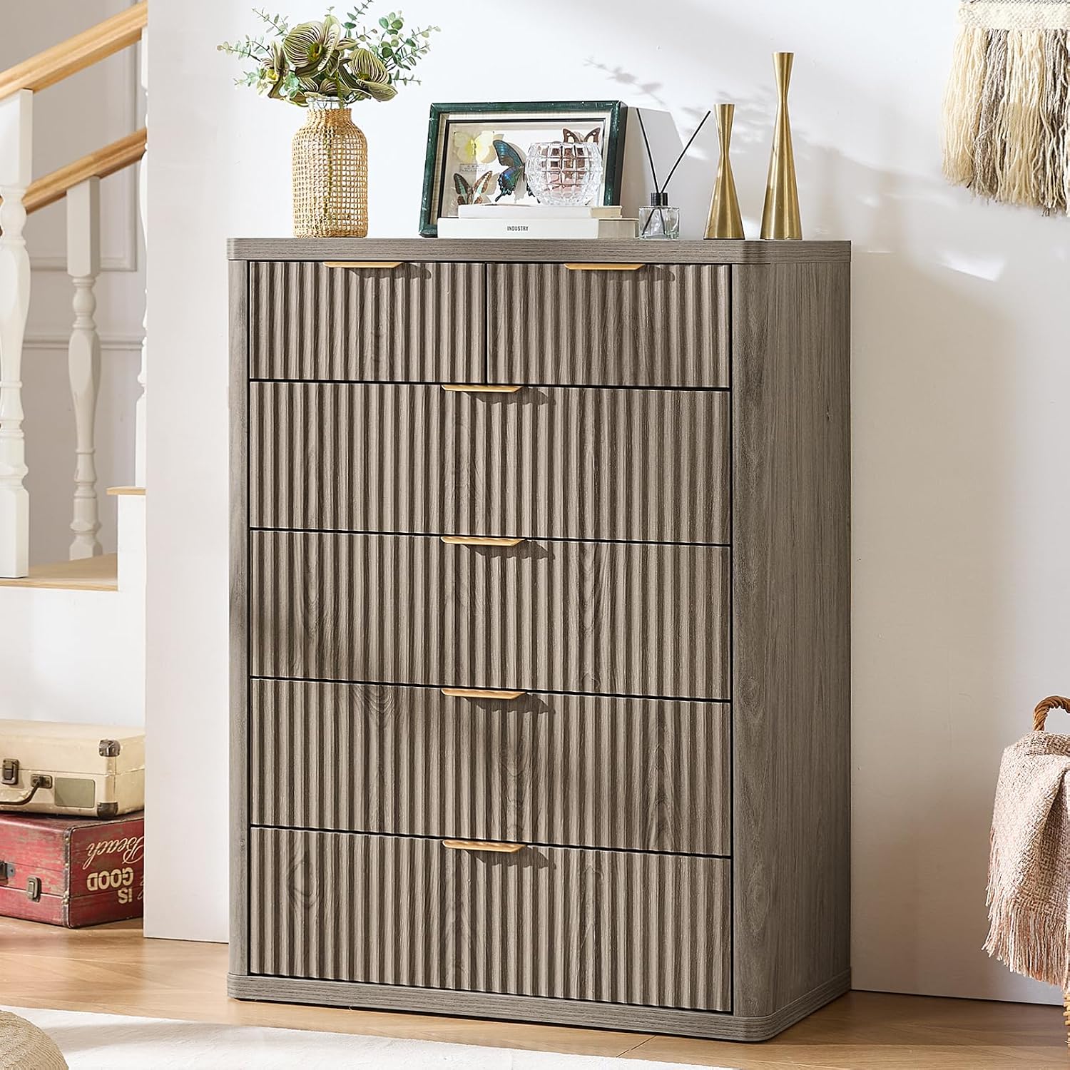 LEYAOYAO Fluted 6 Drawers Dresser for Bedroom Set of 2, 42' Tall Modern Chest of Drawers with Metal Handle, Curved Profile Design,Grey Wood Drawer Organizer for Bedroom, Living Room, Hallway