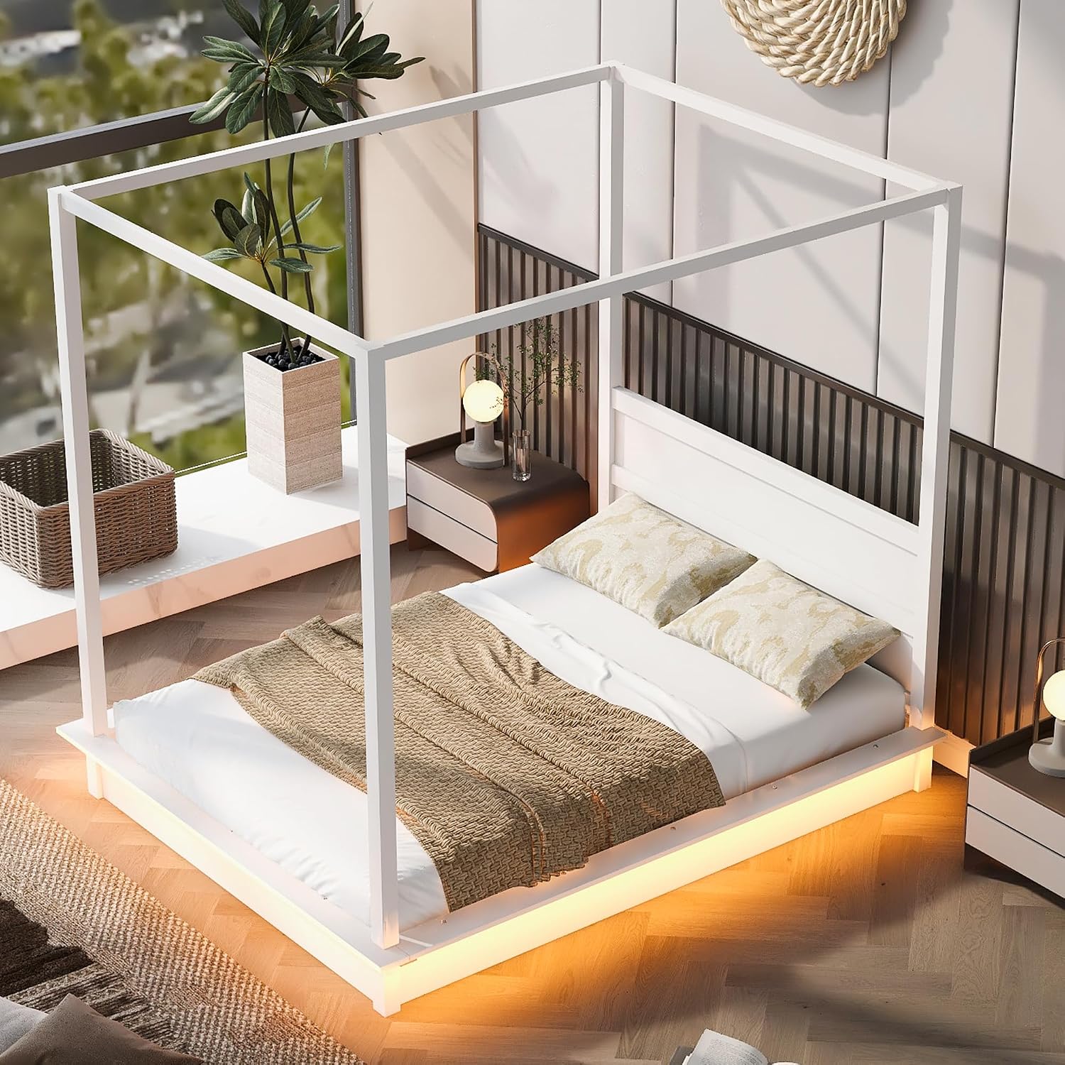 Queen Size Canopy Platform Bed with LED Lights and Headboard, Wooden 4-Post Canopy Bed Frame with Support Slats, No Box Spring Needed (Queen)