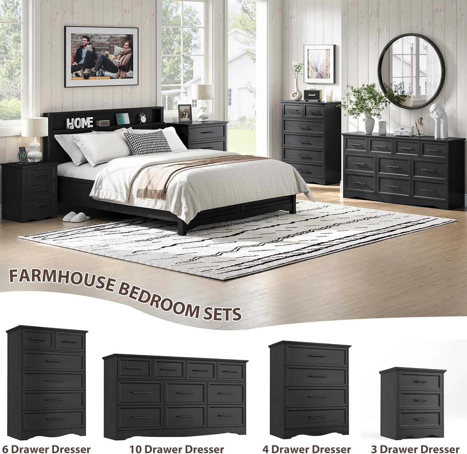Black Nightstand with Charging Station, 19.7' Farmhouse End Table with 3 Drawers Storage, Bedside Table with Brushed Metal Handles, Unique Base Design, 3 Drawer Dresser for Bedroom, Living Room