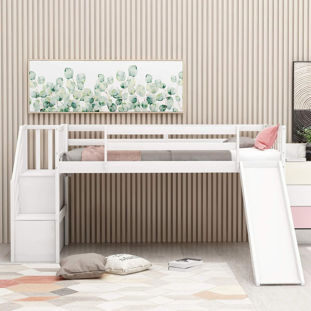 Twin Low Loft Bed with Adjustable Slide/Staircase/Storage Shelves for Kid/Boy/Girl/Teens, Full-Length Guardrails, Solid Wood, Space-Saving (White+Low Loft Bed)
