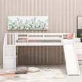 Twin Low Loft Bed with Adjustable Slide/Staircase/Storage Shelves for Kid/Boy/Girl/Teens, Full-Length Guardrails, Solid Wood, Space-Saving (White+Low Loft Bed)