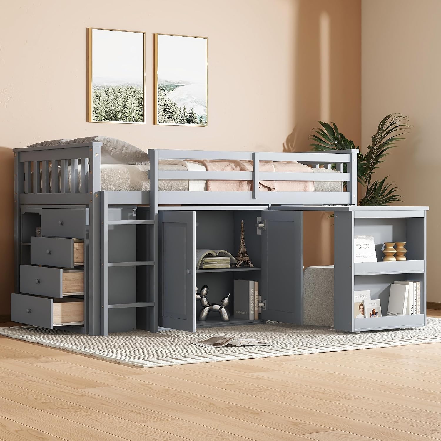 JIVOIT Twin Size Low Loft Bed, Multifunctional Loft Bed with Pulling-Out Desk, Storage Cabinet, Drawer and Shelf Cabinet, Rubber Wood Loft Bed with Safety Guardrail, Ladder, Easy Assembly (Grey/262)
