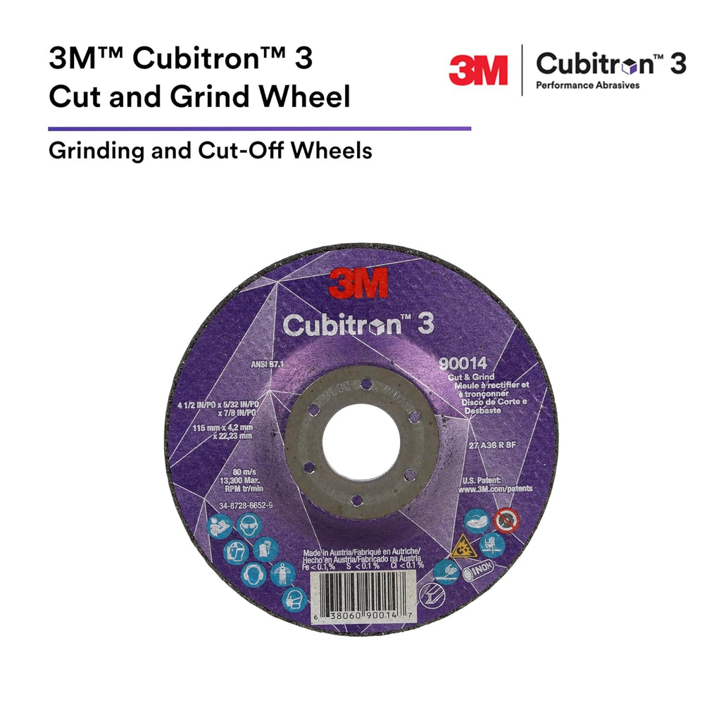 3M Cubitron 3 Cut and Grind Wheel, 88992, 36+, T27, 7 in x 1/8 in x 5/8 in-11, Pack of 10, ANSI, Longer Life, Faster Cut, Back-Gouging, Fillet Weld Removal, Cutting, Grinding