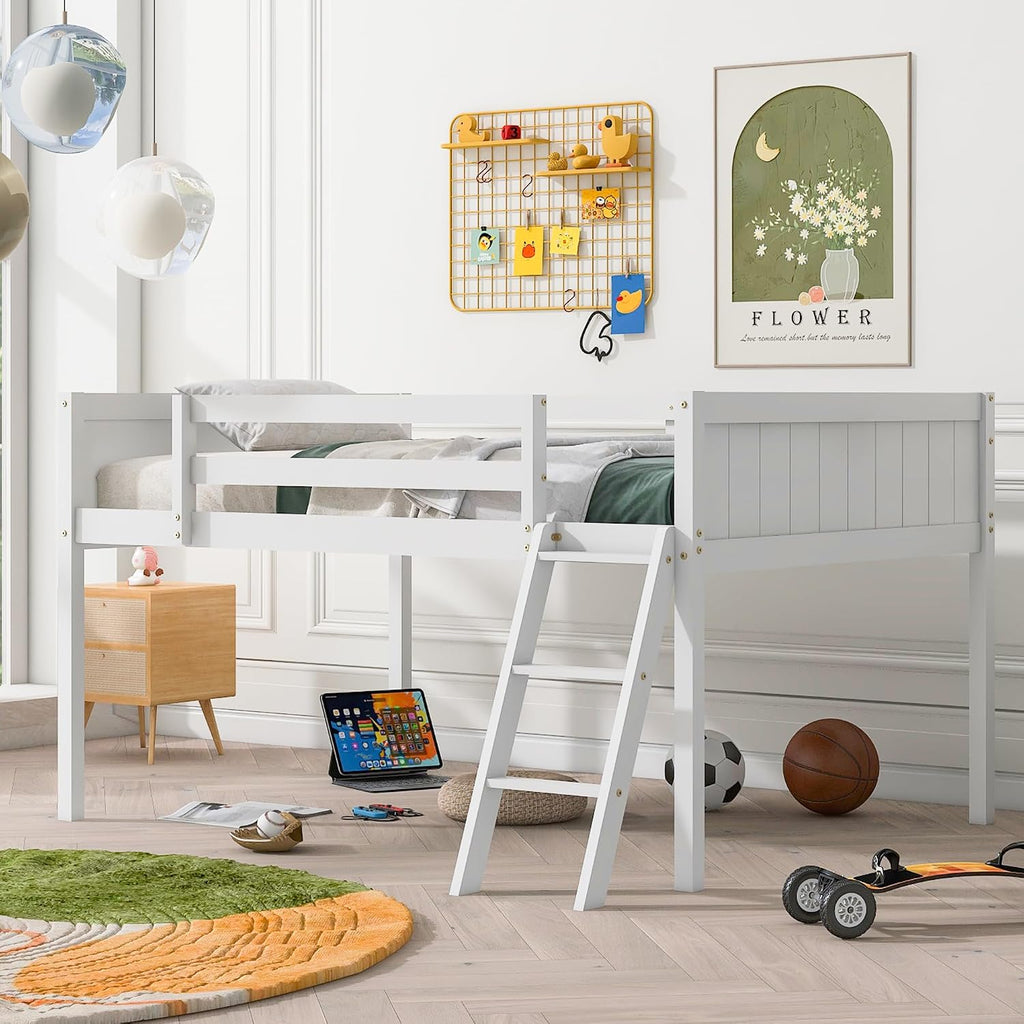 JIVOIT Full Size Low Loft Bed, Wooden Loft Bed with Convertible Ladder, Ladder can be Placed on The Left or Right, Full-Length Guardrails, No Box Spring Required (White & Convertible Ladder,Full)