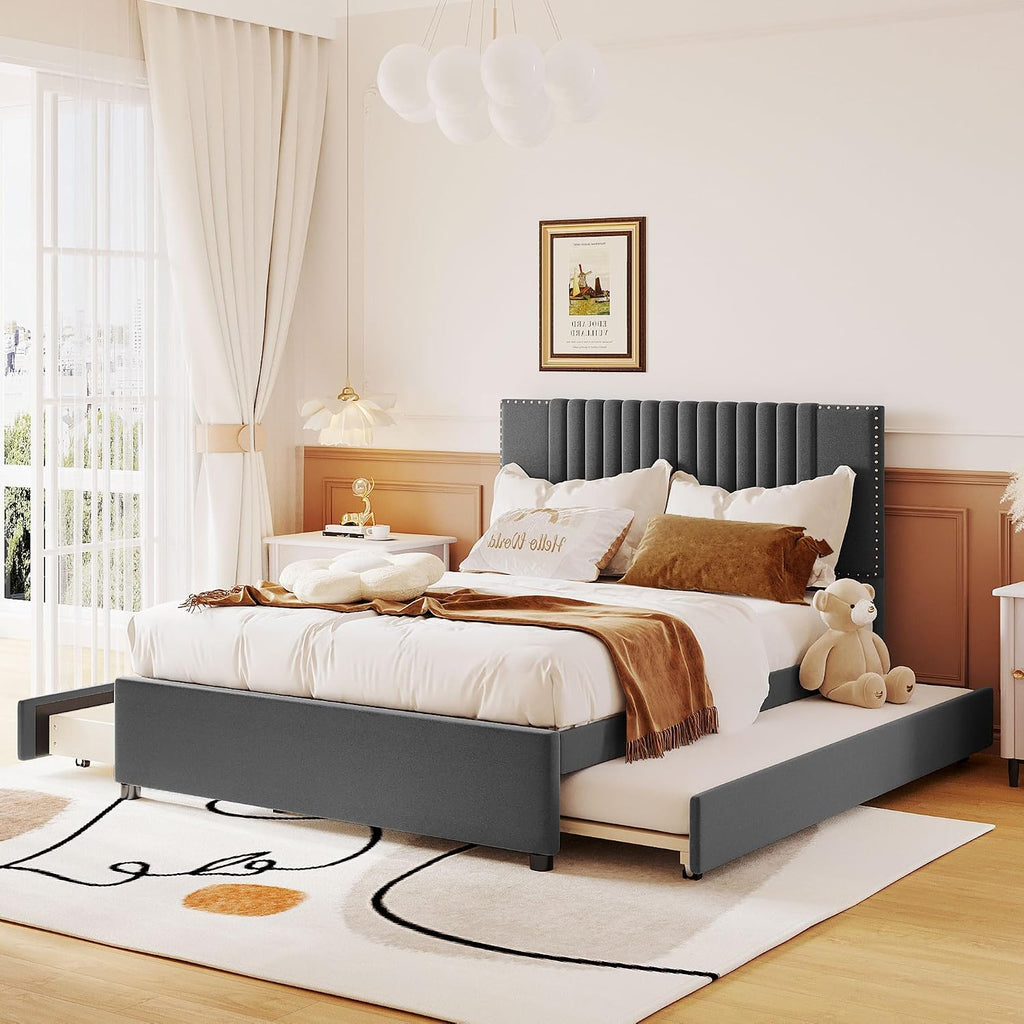 Merax Full Size Upholstered Platform Bed with 1 Twin Size Trundle and 2 Drawers,Soft Classic Headboard Design,Grey