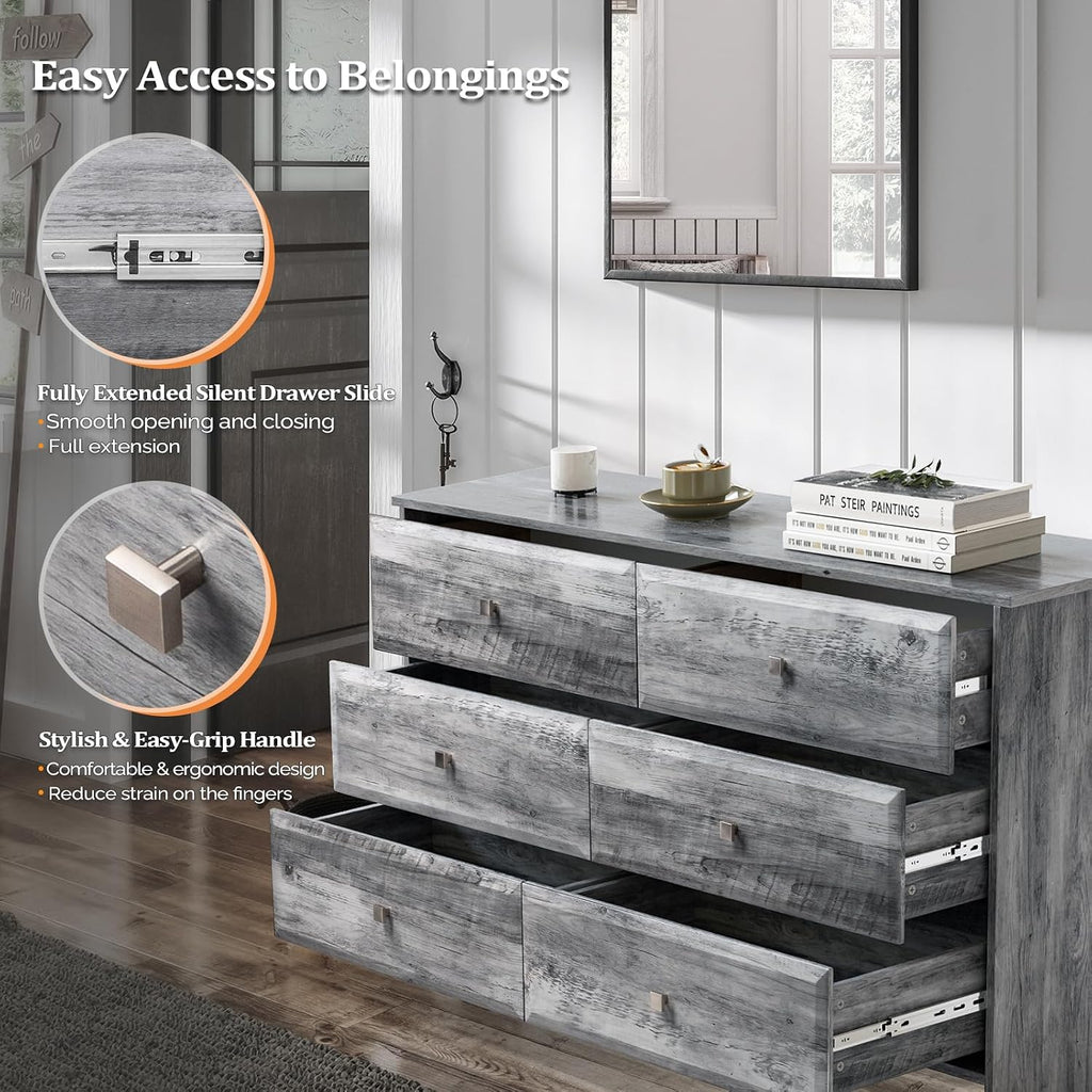 VINGLI Washed Gray Dresser 6 Drawer, 53.9' Long Dresser Wood with Textured Drawer Front, Grey Chest Dressers for Bedroom, Storage Cabinet, Chest of Drawers, Living Room,Hallway,Rustic