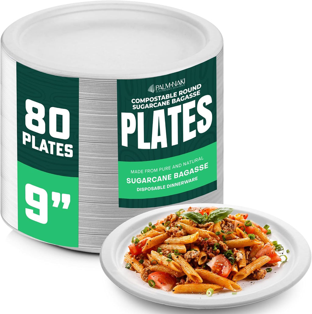Bulk Case: 9' Heavy Duty Paper Plates | Compostable & Biodegradable | Made from Sugarcane Bagasse | Leak-Resistant & Sturdy | Microwave Safe | PFAS-Free | 9 Inch | 8 x 80-Pack (640 Pcs) | Palm Naki