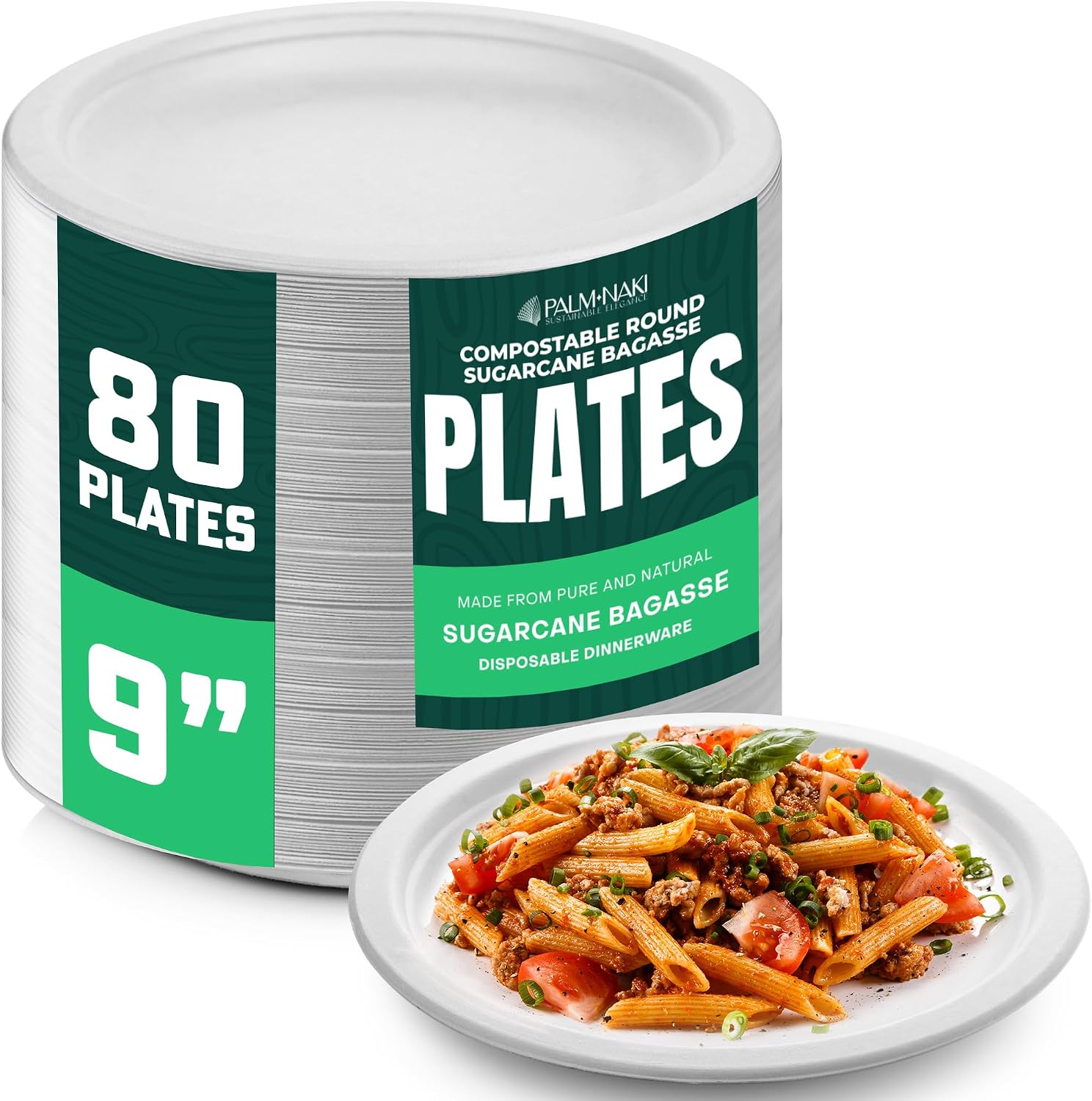 Bulk Case: 9' Heavy Duty Paper Plates | Compostable & Biodegradable | Made from Sugarcane Bagasse | Leak-Resistant & Sturdy | Microwave Safe | PFAS-Free | 9 Inch | 8 x 80-Pack (640 Pcs) | Palm Naki