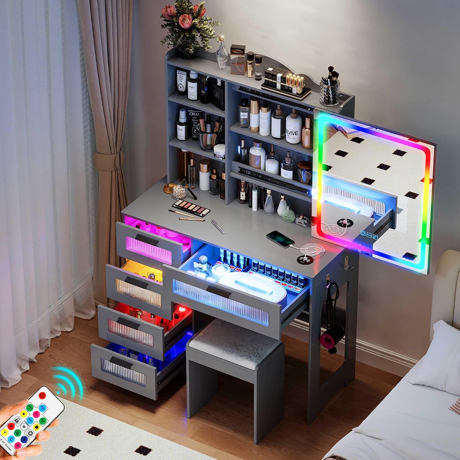 LED Vanity with Sliding Mirror, Smart Makeup Table with 5 Drawers 6 Shelves, Make Up Vanity Desk with Charging Station 14 Color Lighting Modes, Cushioned Stool, USB Type-C for Bedroom Gray
