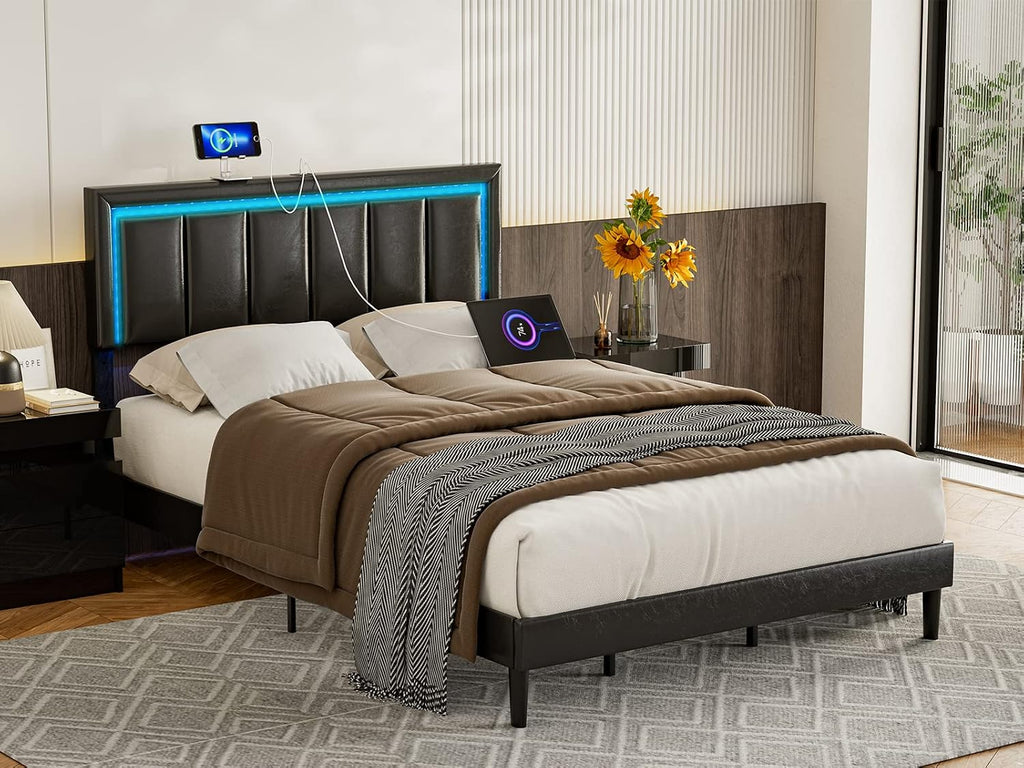 IKIFLY Full Size LED Headboard with 2 USB Ports, Adjustable Height - Modern Upholstered Faux Leather Full Headboard Only with Changing LED Lights, Easy Assembly, Black