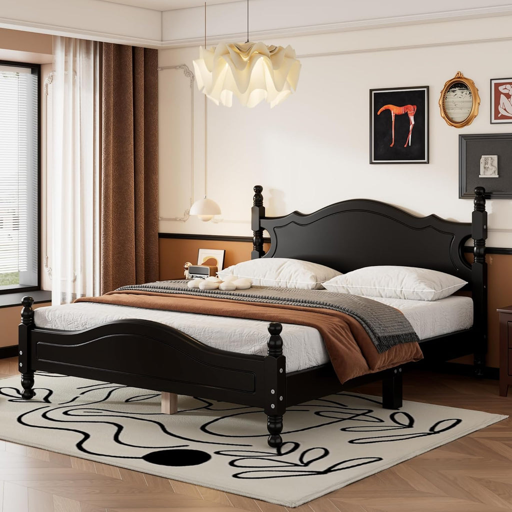 JIVOIT Retro Style Platform Bed with Headboard and Footboard, Queen Size Wood Platform Bed Frame with Wooden Slat Support, Solid Wood Foundation, No Box Spring Required (Black,Queen,5)