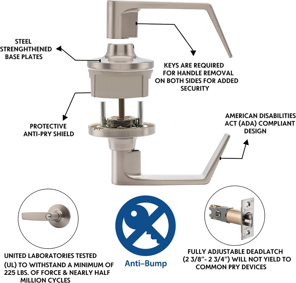 Door Lever Lock with Keyed Dual Cylinders Protection : Heavy-Duty Double Cylinder Door Lock Lever Handle : Keyed Alike Cylinders On Both Sides for Double The Security: Grade 2 Stainless Steel