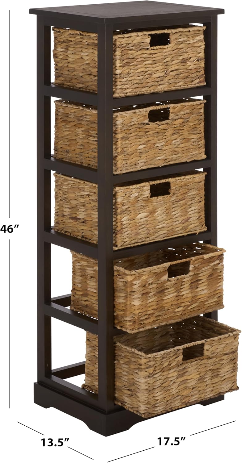 SAFAVIEH Furniture - Vedette 5-Basket Storage Tower - Dark Chocolate - Solid Wood - Coastal Basket Tower Design - Ideal for Entryway, Living Room, 17.5'W x 13.5'D x 46'H - Fully Assembled (AMH5739F)