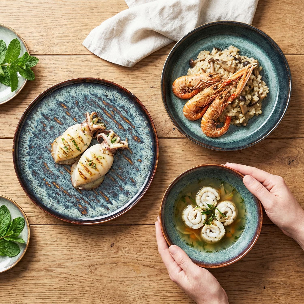This 12-piece round active glaze porcelain tableware set includes plates, bowls, and soup plates, serving up to 4 people. It is microwave and dishwasher safe. (Set (No.4))