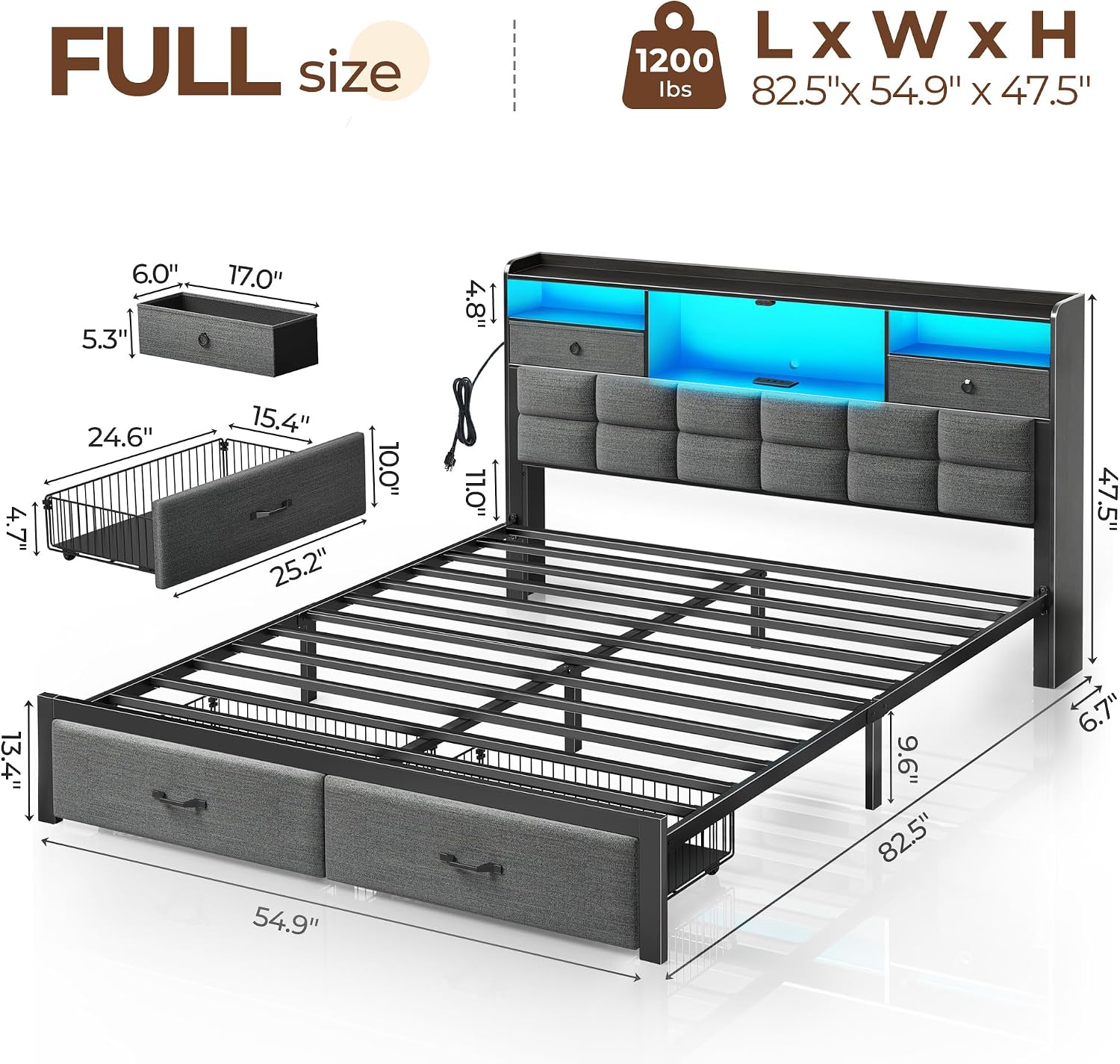 Rolanstar Bed Frame Full Size with Drawers and Charging Station, Upholstered Platform Bed with Storage Headboard and LED Light, Heavy Duty Metal Frame Support, No Box Spring Needed, Noise Free, Grey