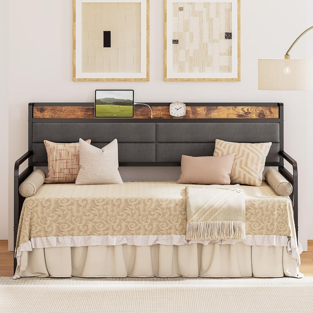 LIKIMIO Daybed with Trundle, Sturdy Metal Twin XL Size Bed Frame with Upholstered Headboard and Charging Station for Living Room, Bedroom and Guest Room, Black