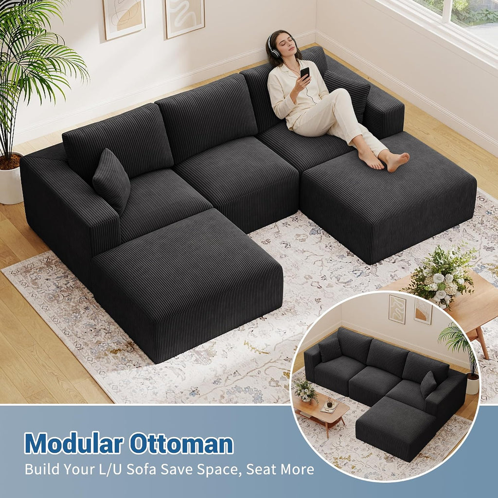 40' Oversized Square Corduroy Ottoman Pouf - Poofy Soft Foot Rest with Foam Chunk Filling, Movable Large Ottoman Pouf Footstool for Living Room Sofa Couch Bedroom, Black(1 Piece)