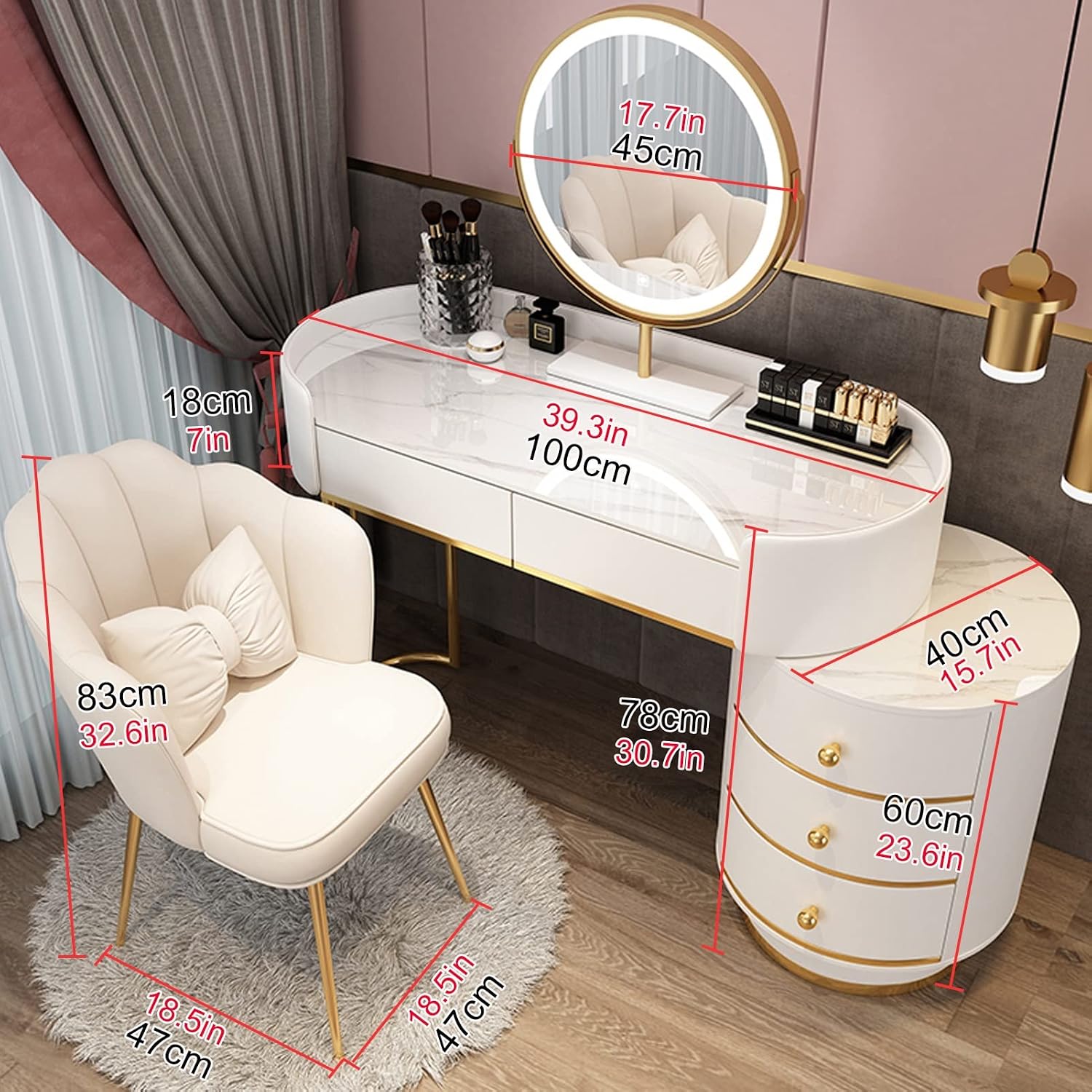 Dressing Table Makeup Vanity Table, with Adjustable LED Mirror 3 Color Lighting, Round Vanity Desk Bedside Table and Cushioned Stool Set, Bedroom Furniture Decor(White B-100cm/39.3in)
