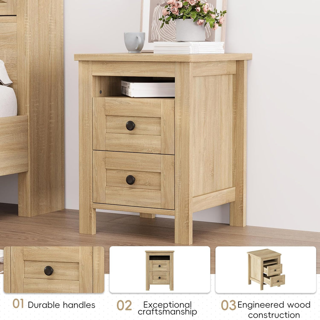 3-Pieces Bedroom Sets with Full Size Farmhouse Platform Bed, Double Sliding Door Storage Headboard, USB, 3PCS Bedroom Sets with Cabinet, Nightstands for Kids Adults, Natural
