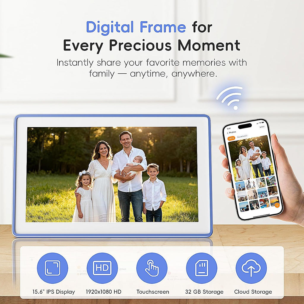 Westsee 15.6' Digital Wall Calendar Frame – Interactive Touchscreen Eletronic Calendars, Family Planner for Schedule, Photo Display, Meals, Chore Chart & Tasks, Wall & Desk Mountable(White&Blue))