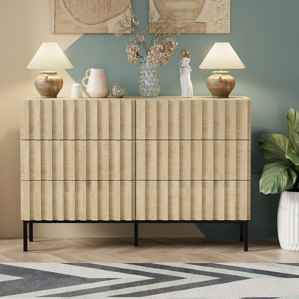 UEV Fluted Dresser for Bedroom with 6 Drawer, 47' Double Chest of Drawers with Metal Stand, Mid-Century Accent TV Stand, Wooden Closet Storage Organizer for Living Room, Hallway (Ivory White)