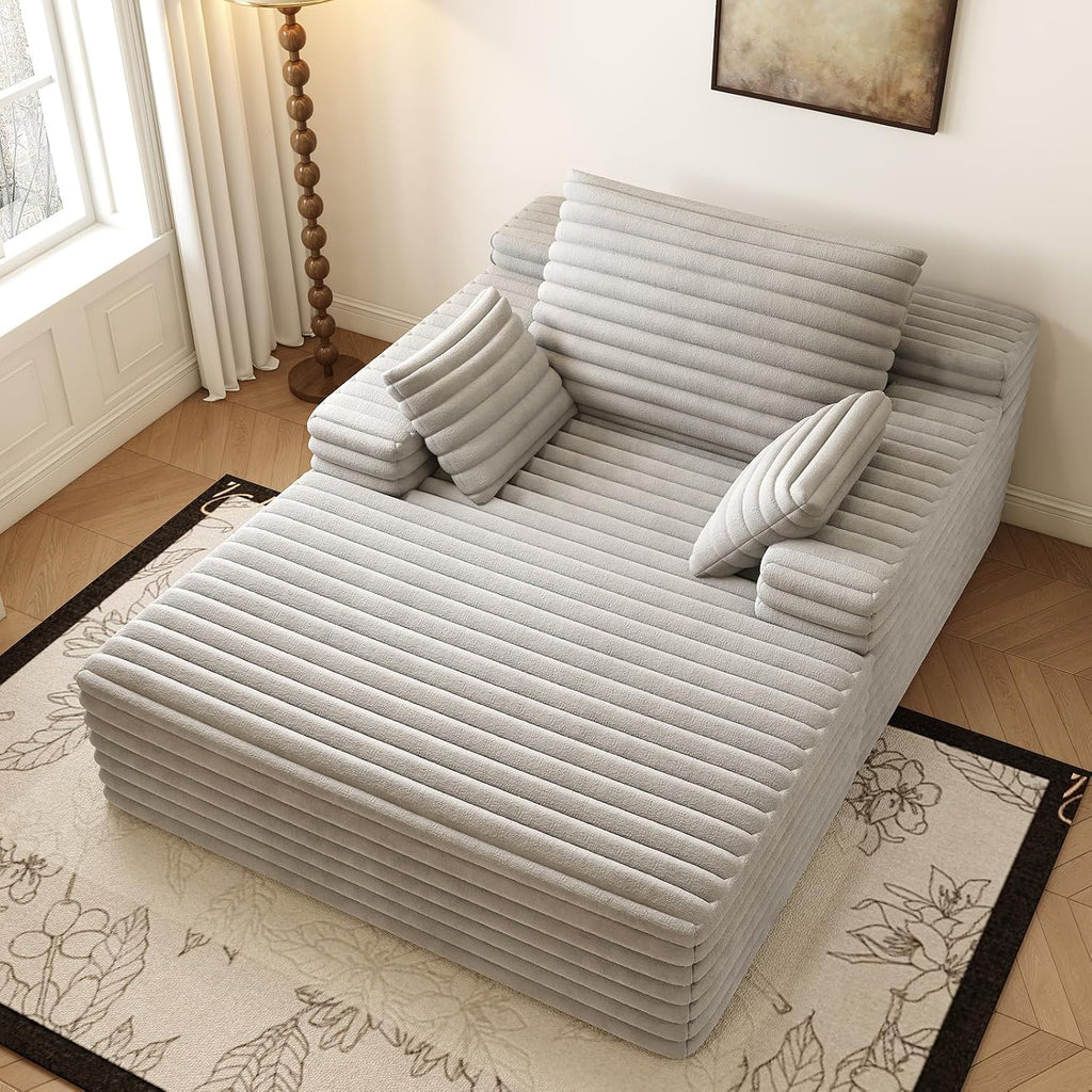 Oversized Chaise Lounge Chair Indoor, 62.6' Cloud Boneless Sleeper Couch Corduroy Upholstered Sofa Bed Deep Seat Comfy Reading Chair with 3 Pillows for Living Room Bedroom, Grey