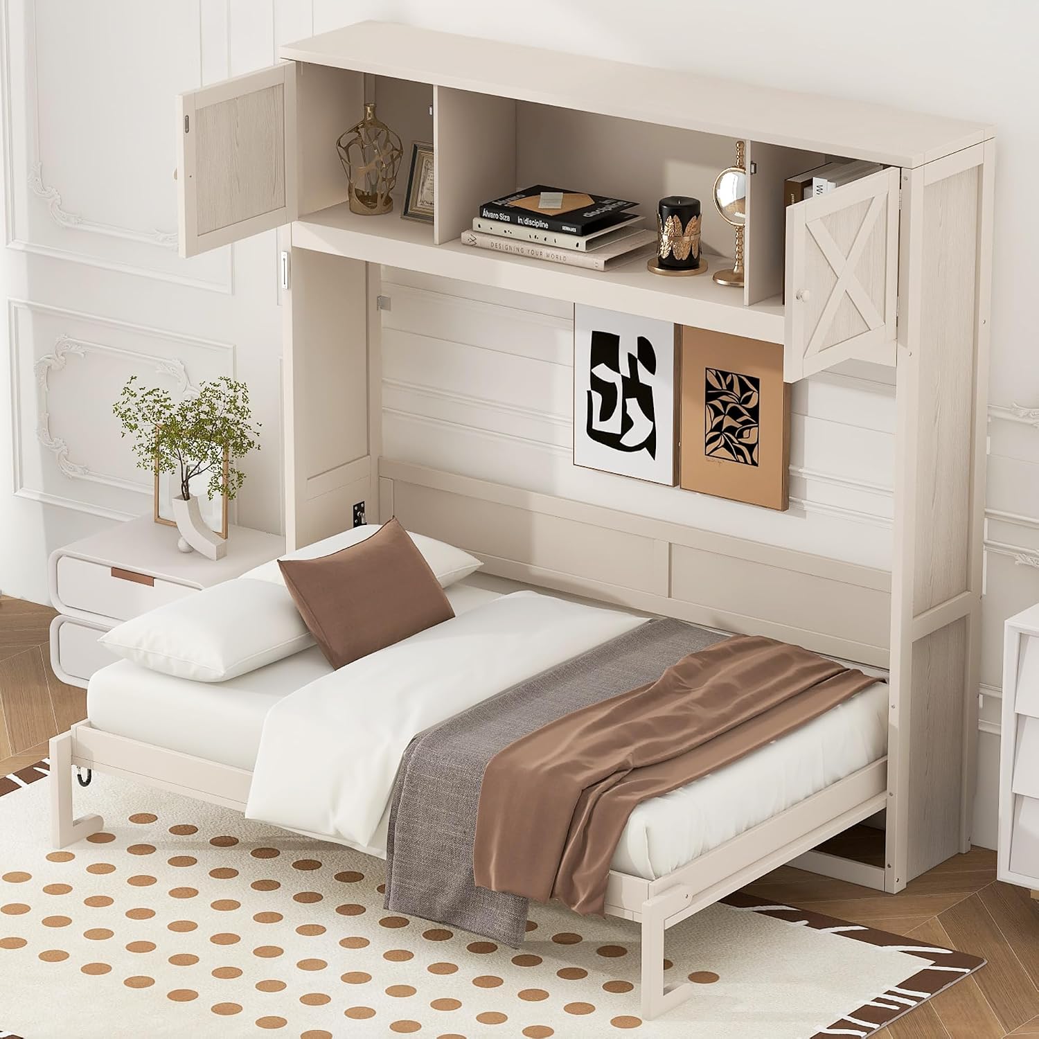 Harper & Bright Designs Full Size Murphy Bed, Wood Hidden Foldable Wall Bed Frame with Storage Cabinet for Bedroom, Office, Space-Saving, Beige