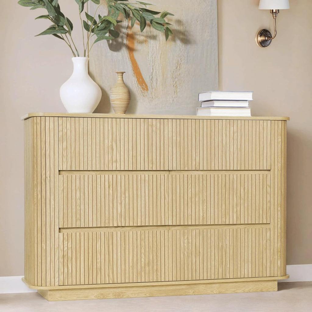 Fluted 6 Drawer Dresser for Bedroom, 47.2' Wide Wood Chests of Drawers with Rounded Corners, Mid Century Modern Closet Clothes Storage Organizer, TV Stand for Living Room, Hallway, Oak