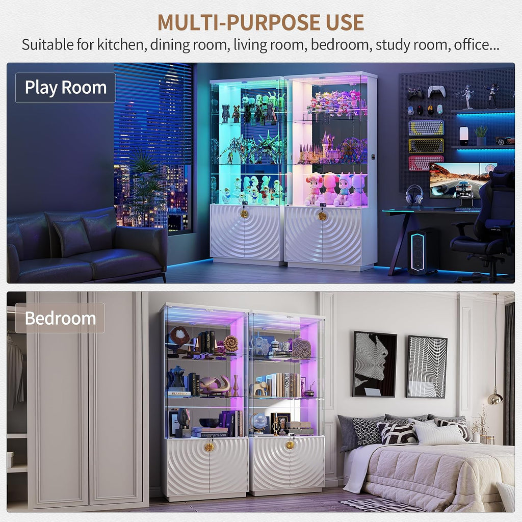71'' Display Cabinet with Glass Doors,4-Tier Curio Cabinet with 3-Color Lights for Collectibles,Lockable Glass Display Case Human Body Sensor,Tall Bookcase w/Shelves&Door Panel,White