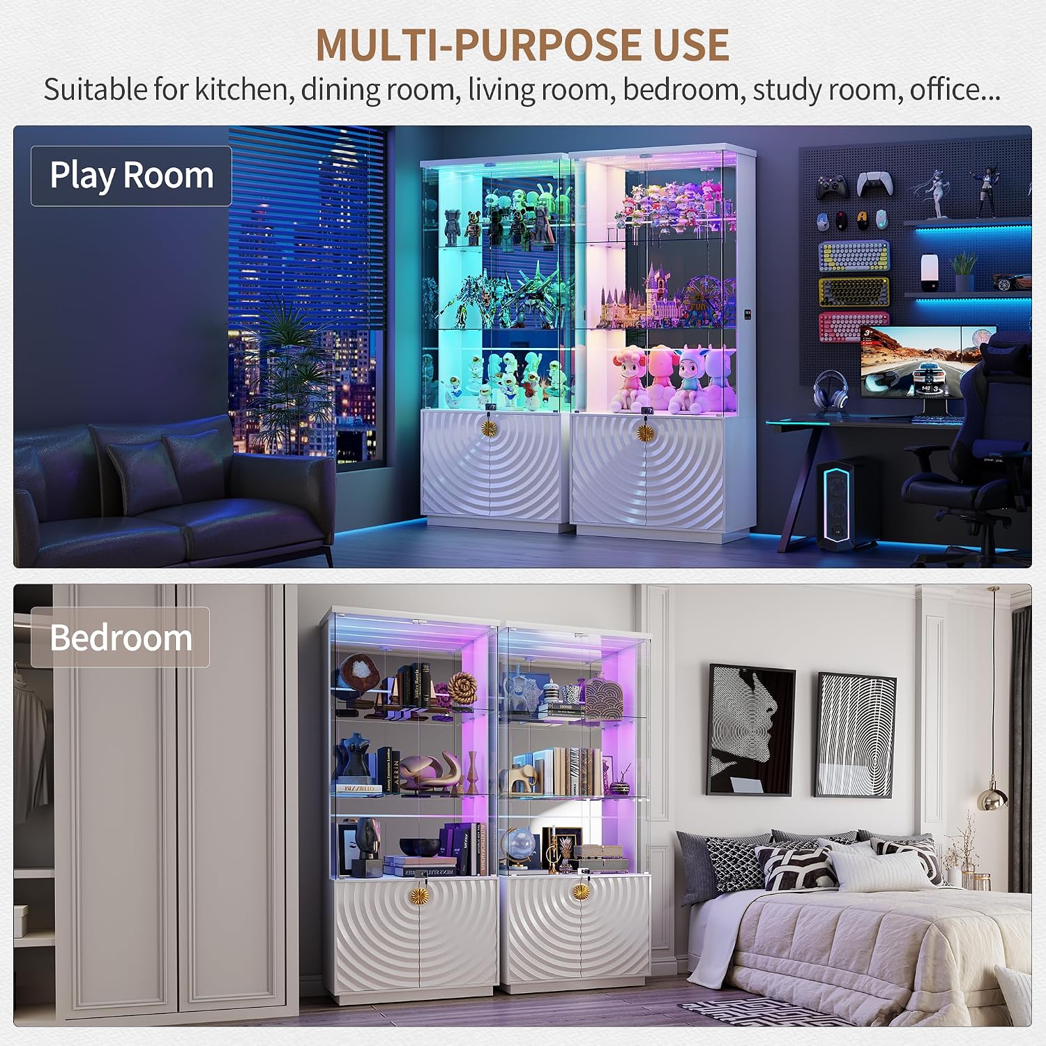 71'' Display Cabinet with Glass Doors,4-Tier Curio Cabinet with 3-Color Lights for Collectibles,Lockable Glass Display Case Human Body Sensor,Tall Bookcase w/Shelves&Door Panel,White