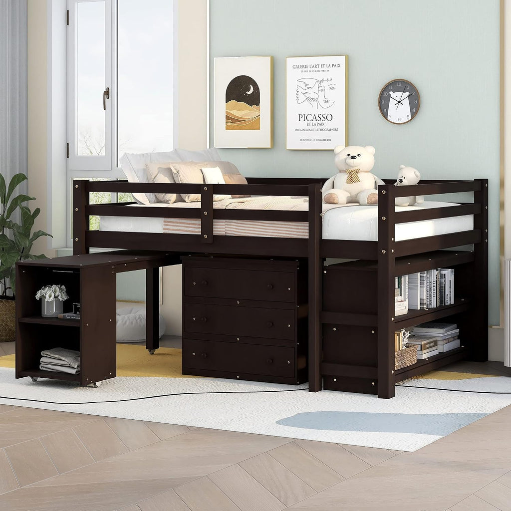 Full Size Low Loft Bed with Rolling Portable Desk, Wooden Loft Bed with Cabinet/Bookshelf/Drawers/Open Shelves for Kids Teens Adults, No Box Spring Required (Espresso-Full-Rolling Portable Desk)