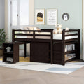 Full Size Low Loft Bed with Rolling Portable Desk, Wooden Loft Bed with Cabinet/Bookshelf/Drawers/Open Shelves for Kids Teens Adults, No Box Spring Required (Espresso-Full-Rolling Portable Desk)