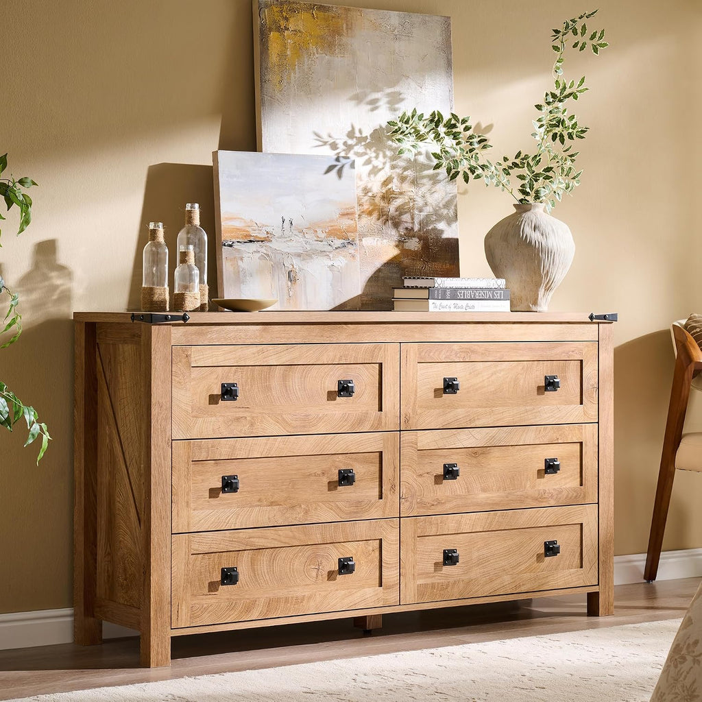 T4TREAM Farmhouse 6 Drawers Dresser for Bedroom, Wide 6 Chest of Drawers, Wood Rustic Double Dresser Organizer for Bedroom, Living Room, Hallway, Kids Room, Nursery Room, Light Knotty Oak