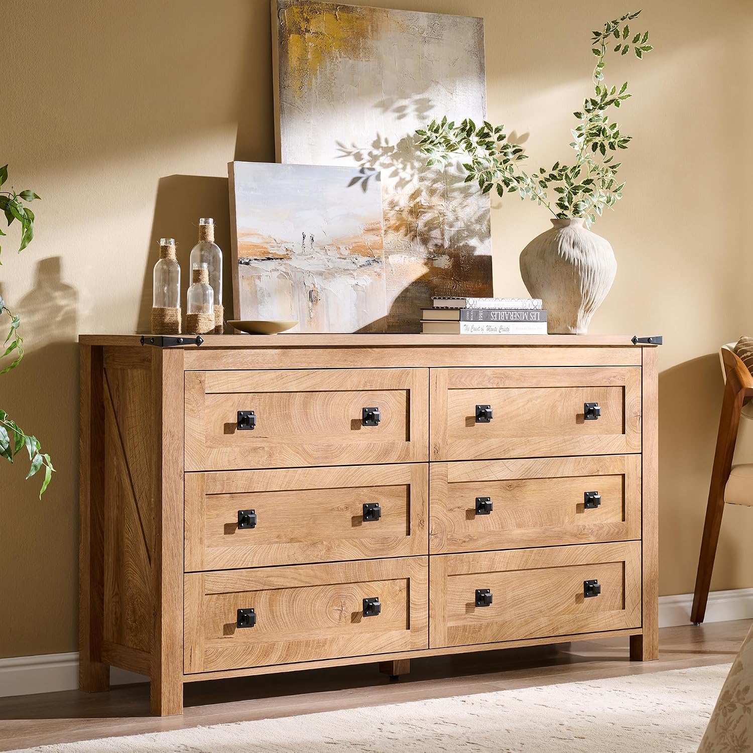 T4TREAM Farmhouse 6 Drawers Dresser for Bedroom, Wide 6 Chest of Drawers, Wood Rustic Double Dresser Organizer for Bedroom, Living Room, Hallway, Kids Room, Nursery Room, Light Knotty Oak
