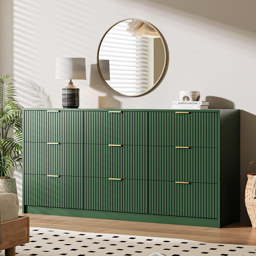 MAISONARIA Green 9 Drawer Dresser for Bedroom, 63' Wide Modern Fluted Dresser with Gold Metal Handles, Chest of Drawers for Bedroom, Living Room, Entryway, Hallway