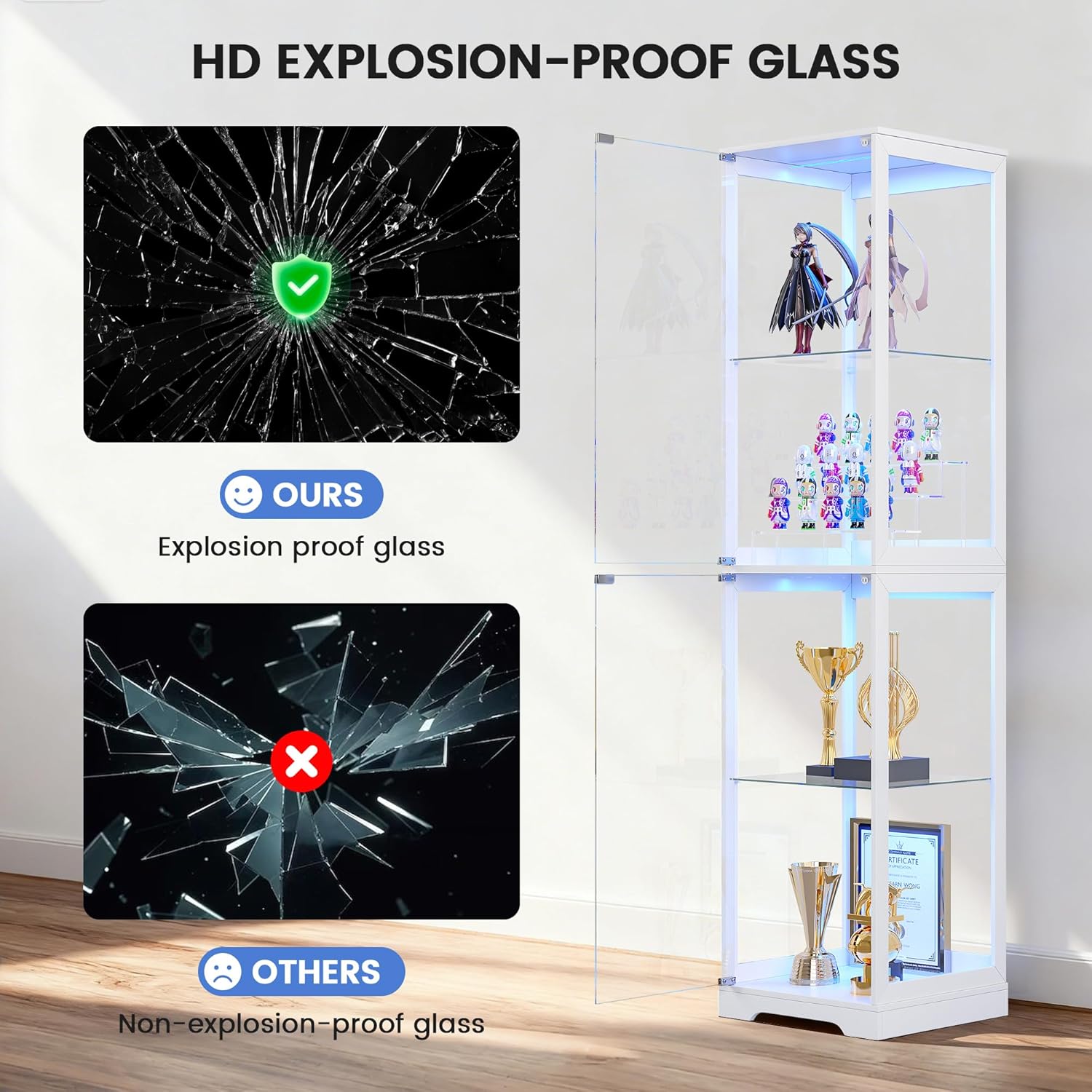 Glass Display Cabinet with Doors, 65' Tall 4-Tier Curio Display Case with 3 Color Lights and Human Body Sensor, Bookcase for Collectibles, White