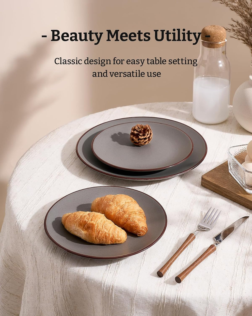 Famiware Venus Plates and Bowls Sets with Trim, 24 Pieces Speckled Stoneware Dinnerware Set for 8, Matte Dark Gray - Microwave & Dishwasher Safe, Modern Minimalist, Dishes for Everyday & Formal Dining
