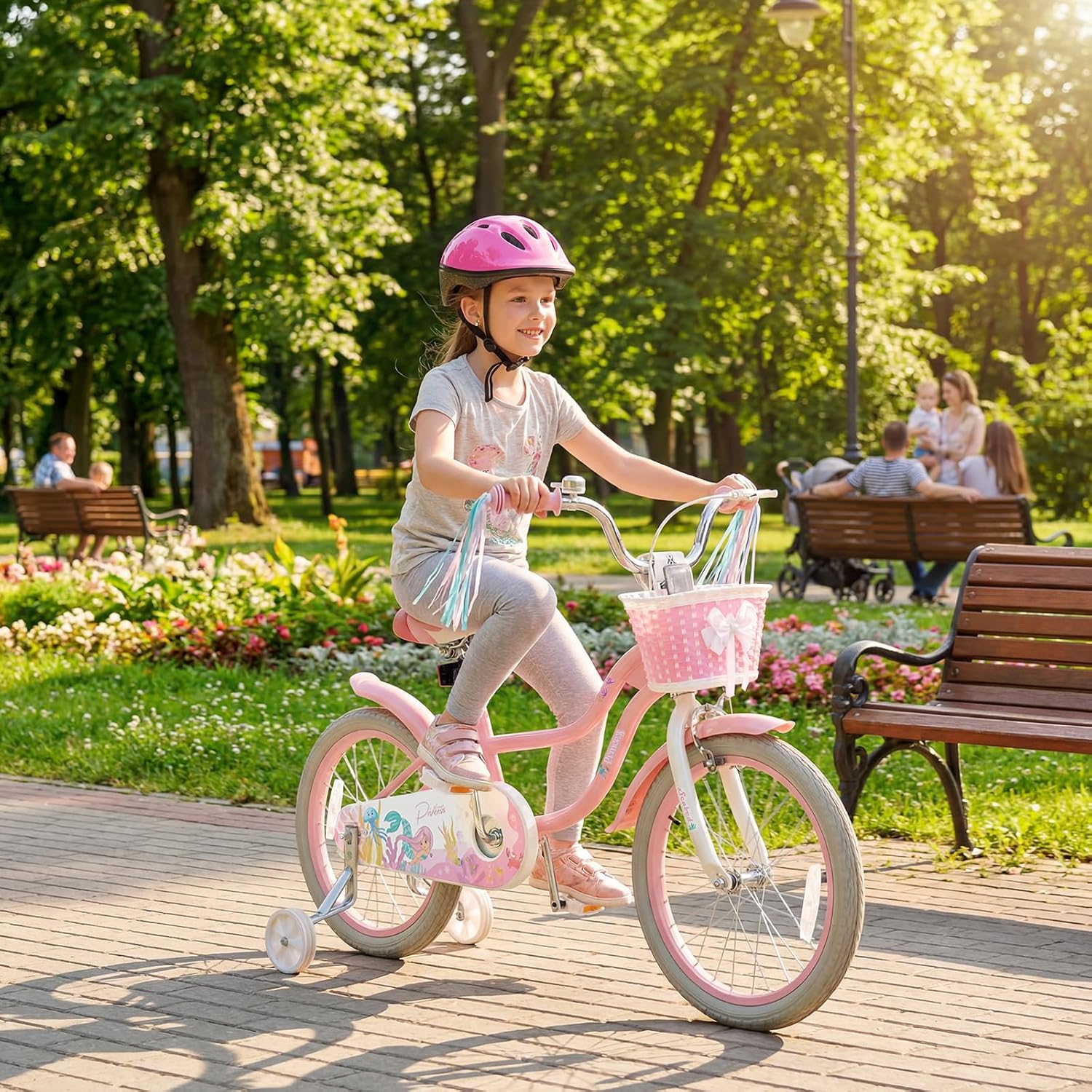 BABY JOY Kids Bike, 12' 14' 16' 18' Mermaid Girls Bike for 3-8 Years Old w/Basket, Training Wheels, Hand & Coaster Brakes, Adjustable Seat & Handlebar, 20' Children Bicycle with Kickstand for 8+