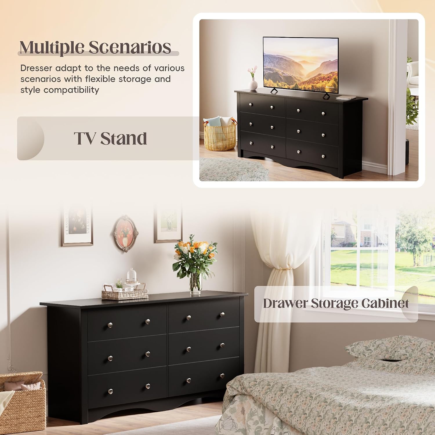 JUMMICO Black Dresser for Bedroom, 6 Wood Dresser Drawers, Wide Chest of Drawers, Storage Tower Unit, Modern Design for Bedroom, Living Room, Hallway, Entryway