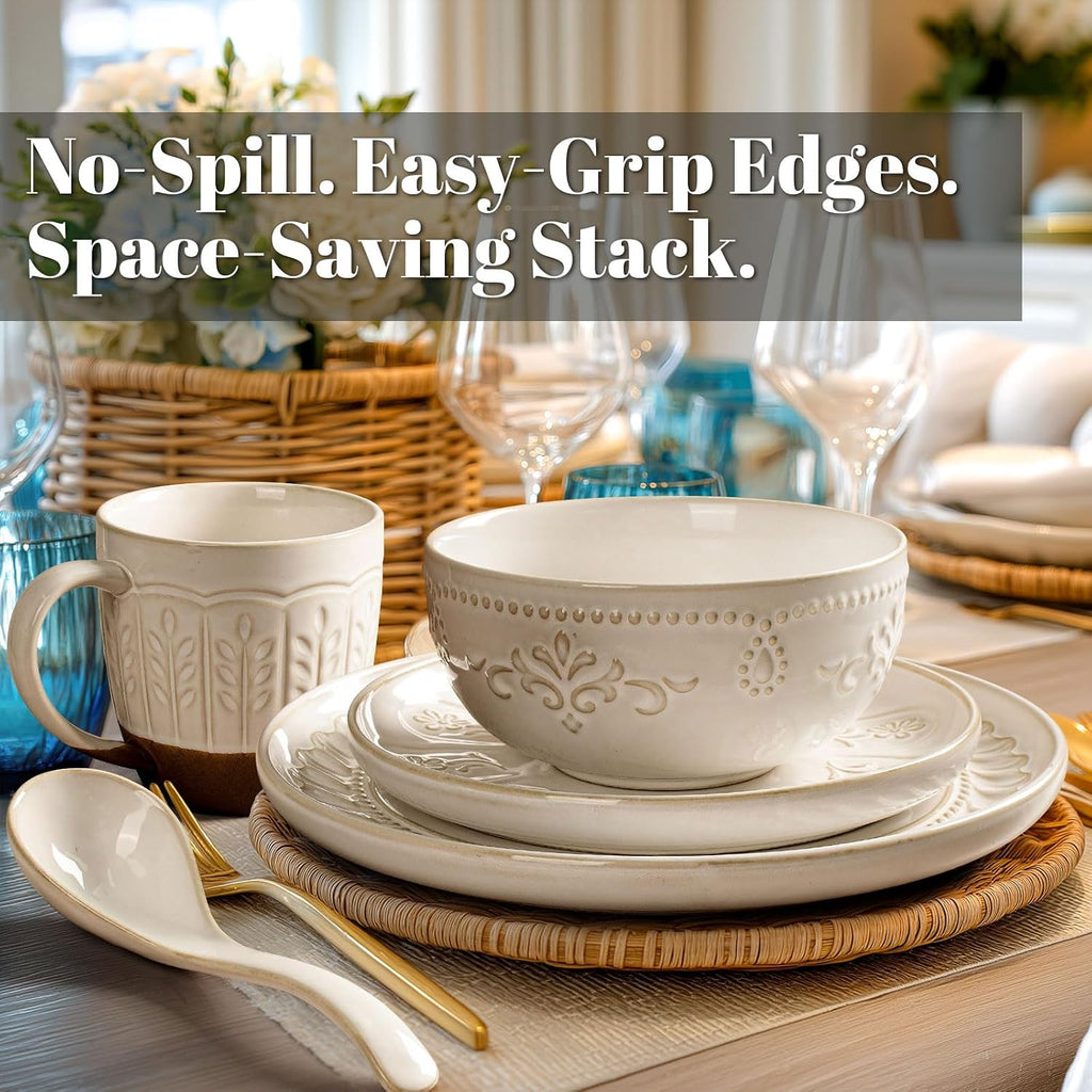 Artena Plates And Bowls Sets, 16 Pieces Dinnerware Sets, Dish Set For 4, Ceramic Kitchen Bowl And Plate Set, Embossed White Dishware Sets, Dishwasher & Microwave Safe (Willow Leaf)