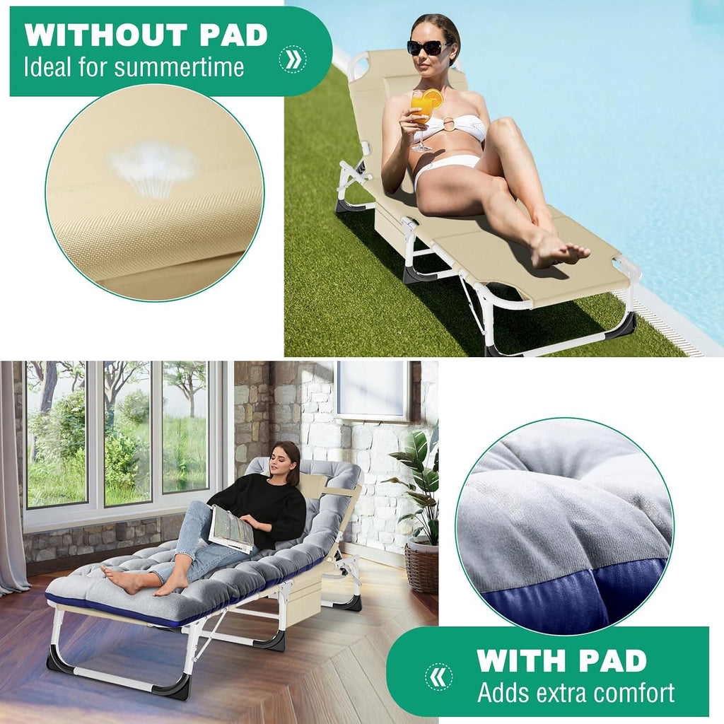 LILYPELLE 3in1 Sun Tanning Chair with Mattress, Heavy Duty Lounger Chairs with Face Arm Hole, Removable Pillow, Outside Chaise Lounge Chair for Sunbathing, Patio, Poolside, Lawn, Beach