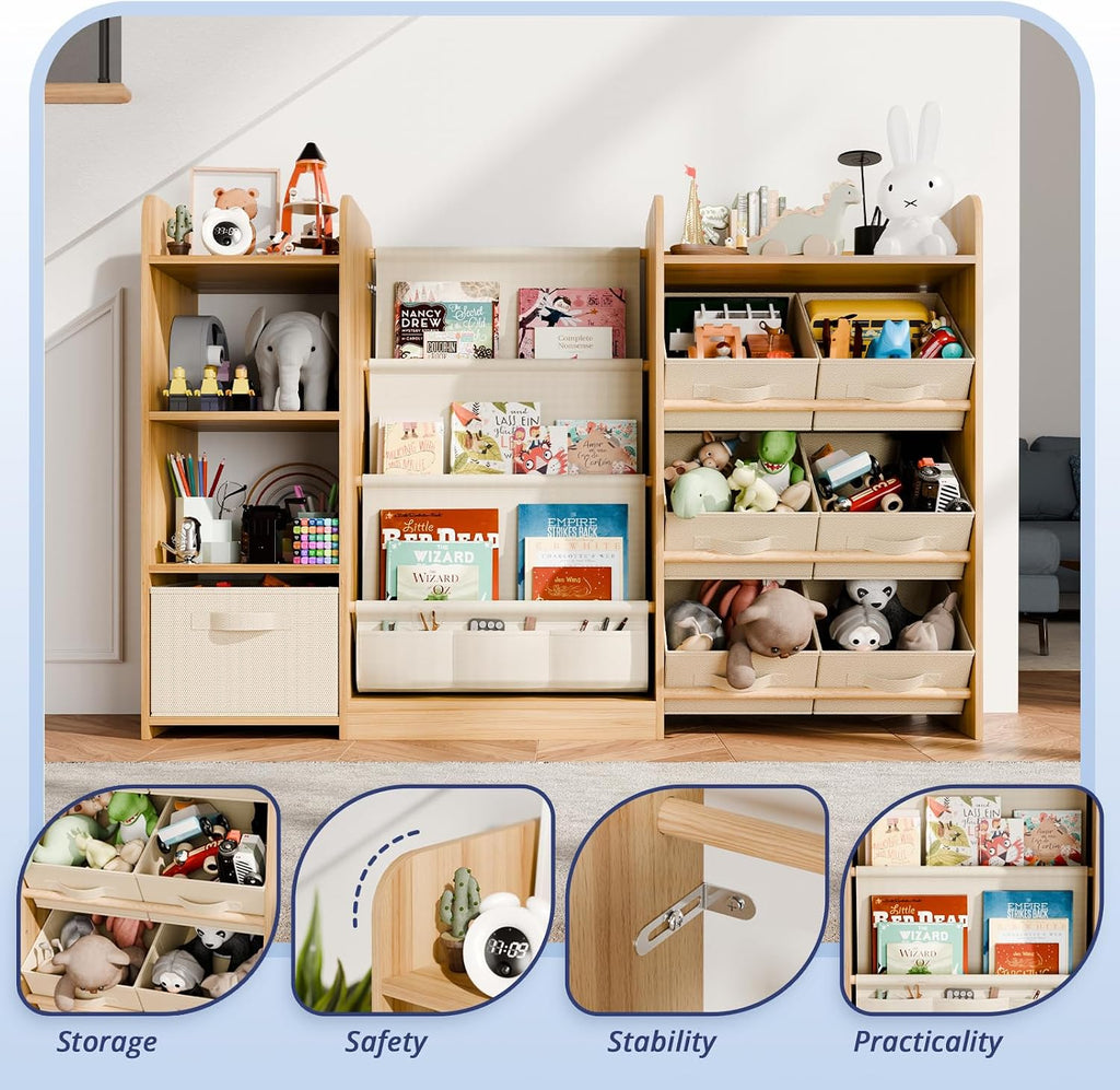 IKALIFE Kids Toy Book Storage Organizer - Large Bookshelf with 7 Removable Bins, Baby Bookshelf and Toy Storage, 4-Tier Book Shelf for Kids Room, Playroom, Classroom, 51 inch, Burlywood