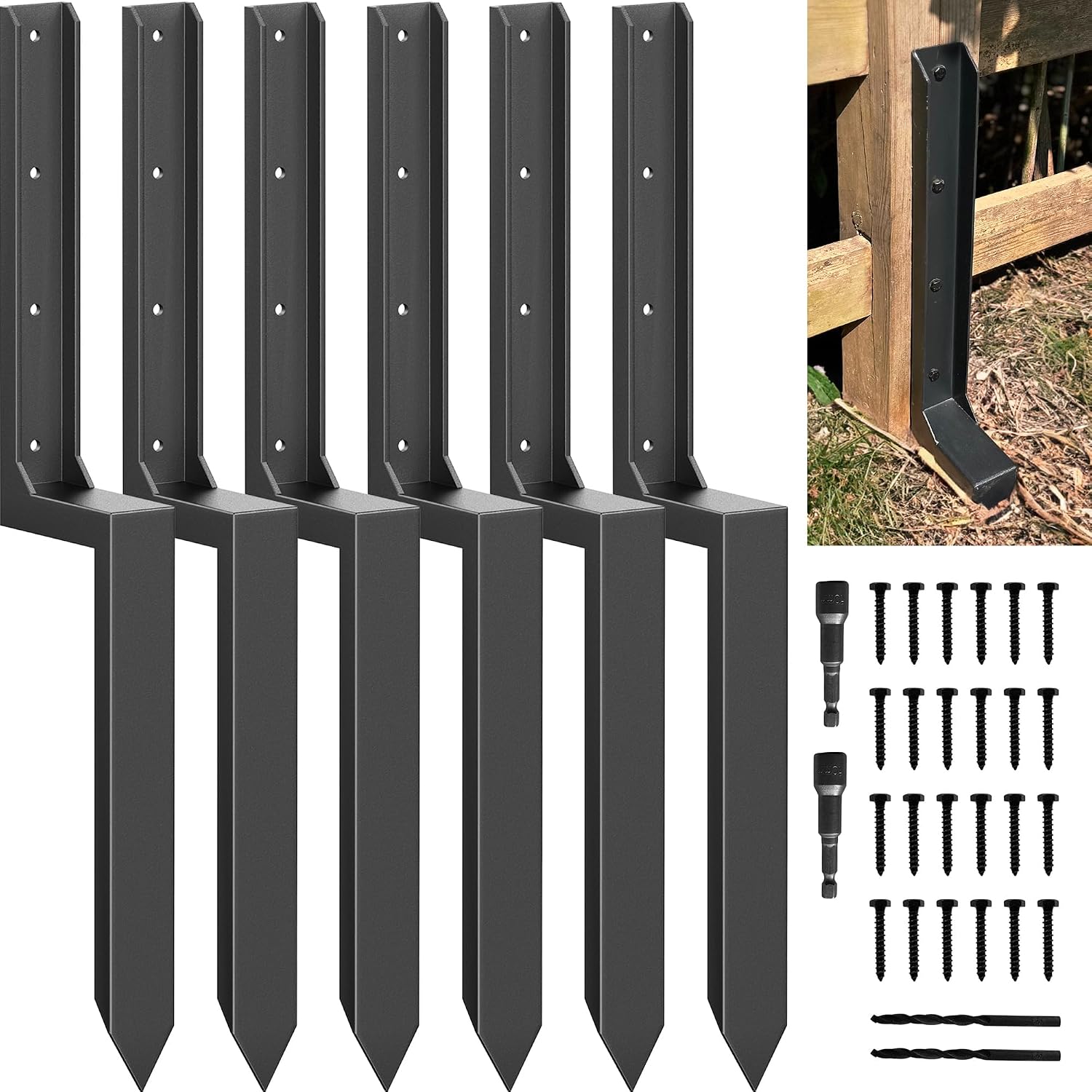 Fence Post Repair Kit - One-Piece Steel Anchors & Stakes for Broken/Leaning 4x4/6x6 Wood Posts (Thickened 11-Gauge, 6-Pack)