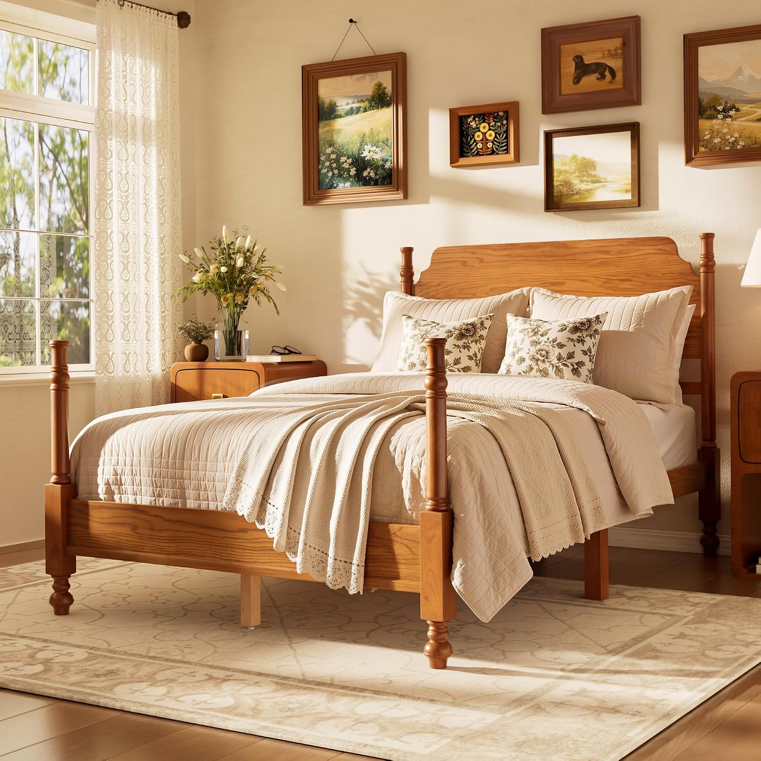 Merax Vintage Wood Spindle Post Bed with Headboard, Full Size Traditional Platform Bed Frame/No Box Spring Needed/Easy Assemble, Light Walnut