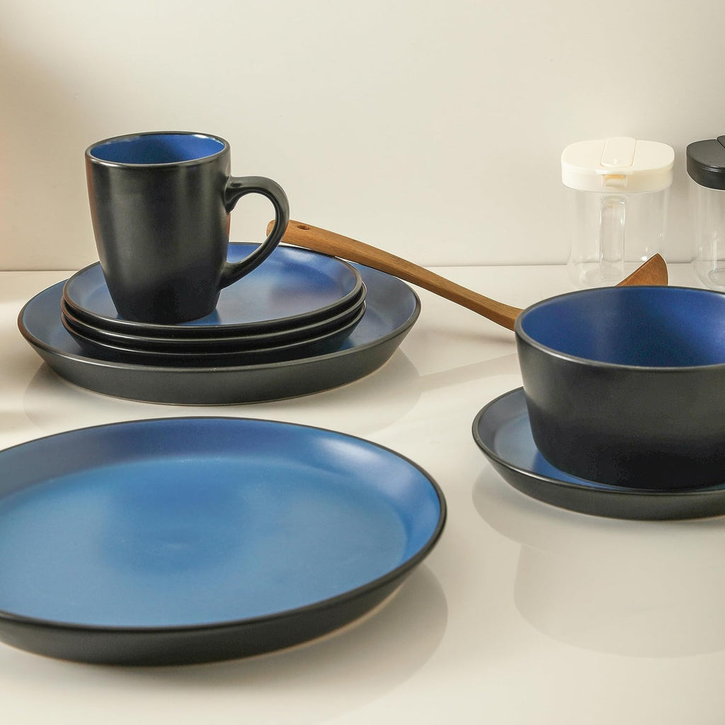 Stone Lain Albie Stoneware 32-Piece Modern Dinnerware Set, Kitchen Plates and Bowls Sets, Service for 8, Blue and Black, Microwave & Dishwasher Safe